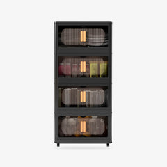 Black 4 Tiers Stackable Storage Bins with wheels & translucent PP panels, front doors + top lid for multi-room storage solutions.