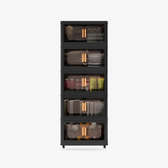 Black 5 Tiers Stackable Storage Bins with wheels & translucent PP panels, front doors + top lid for multi-room storage solutions.