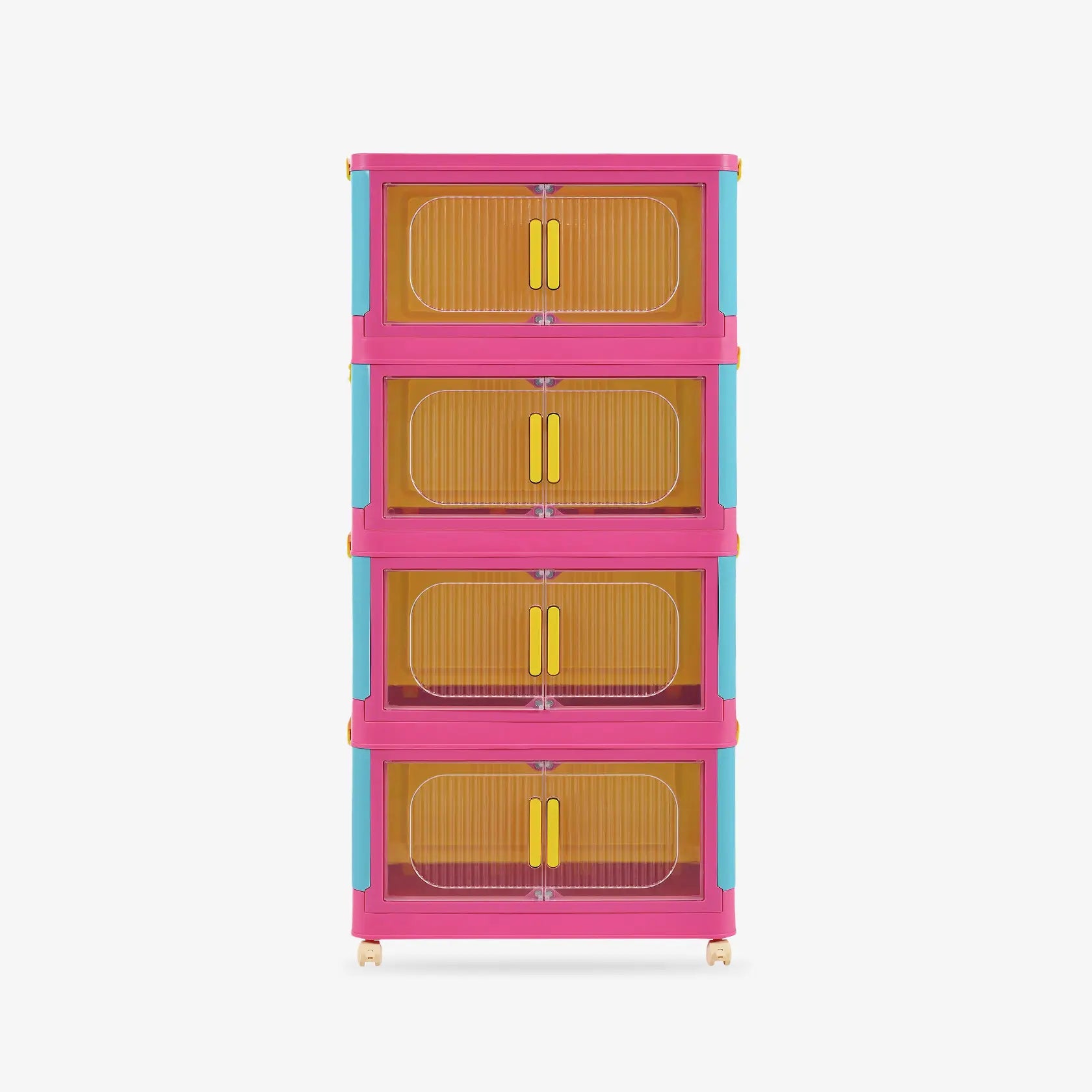 4 Tiers Pink stackable storage bins with wheels. Foldable PP plastic organizers with magnetic locks for dopamine decor