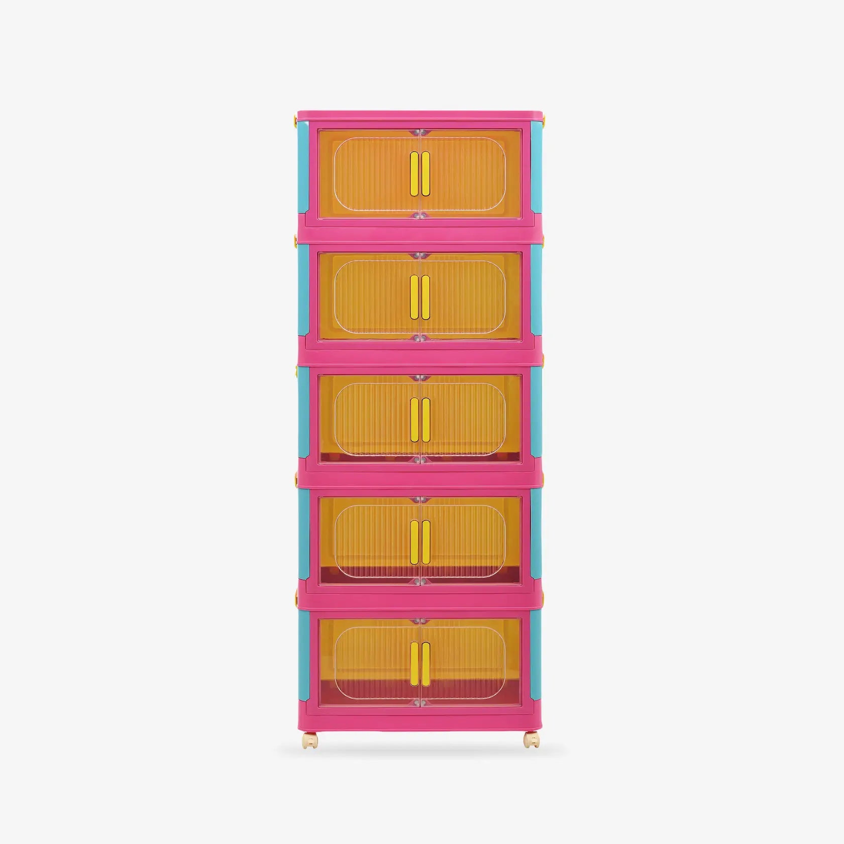 5 Tiers Pink stackable storage bins with wheels. Foldable PP plastic organizers with magnetic locks for dopamine decor