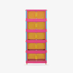 5 Tiers Pink stackable storage bins with wheels. Foldable PP plastic organizers with magnetic locks for dopamine decor