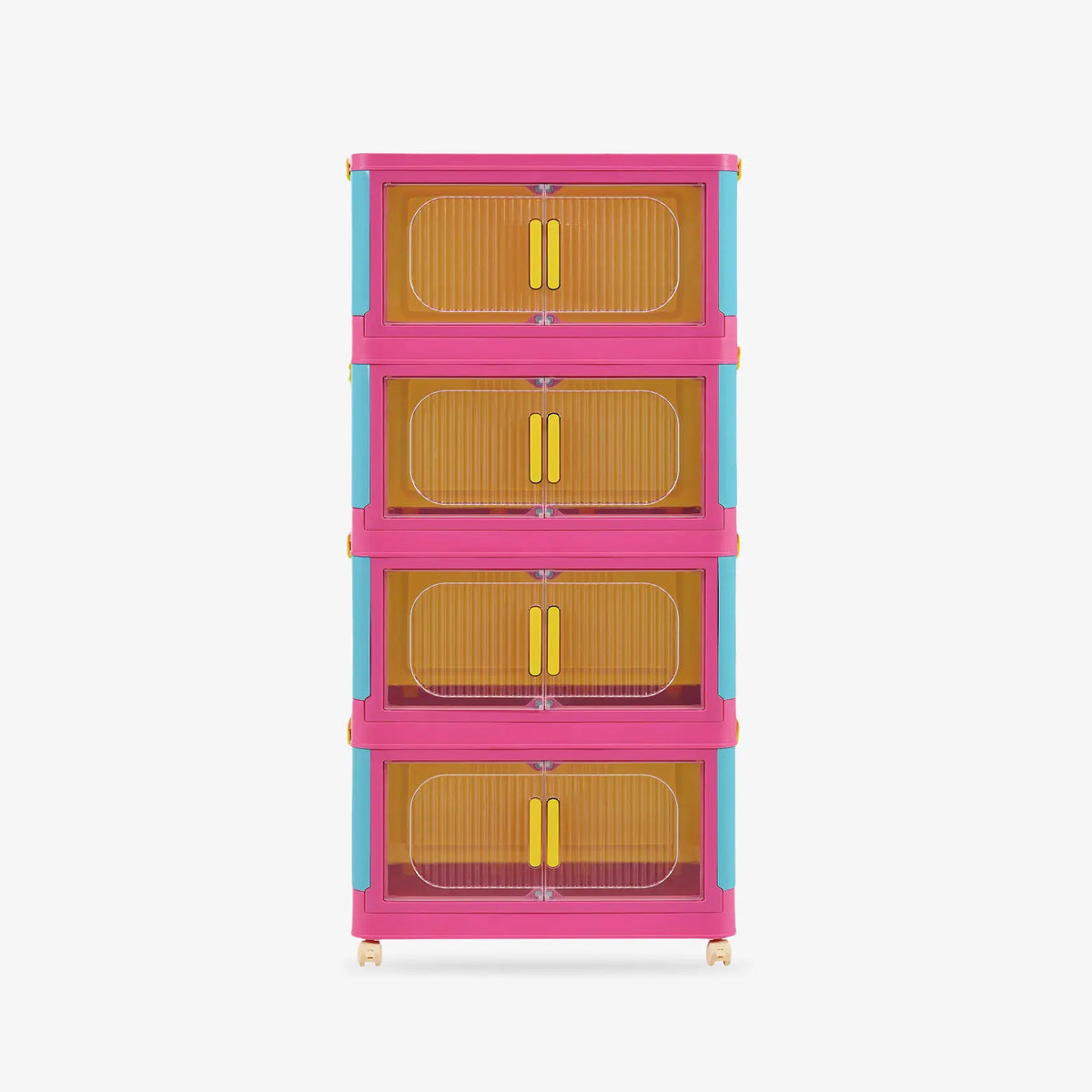 4 Tiers Pink stackable storage bins with wheels. Foldable PP plastic organizers with magnetic locks for dopamine decor