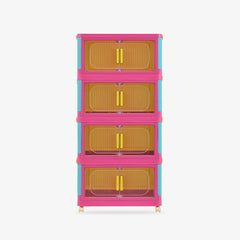 4 Tiers Pink stackable storage bins with wheels. Foldable PP plastic organizers with magnetic locks for dopamine decor