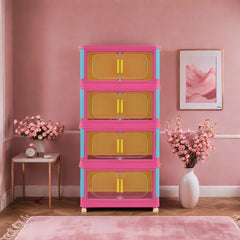 Pink stackable storage bins with wheels. Foldable PP plastic organizers with magnetic locks for dopamine decor
