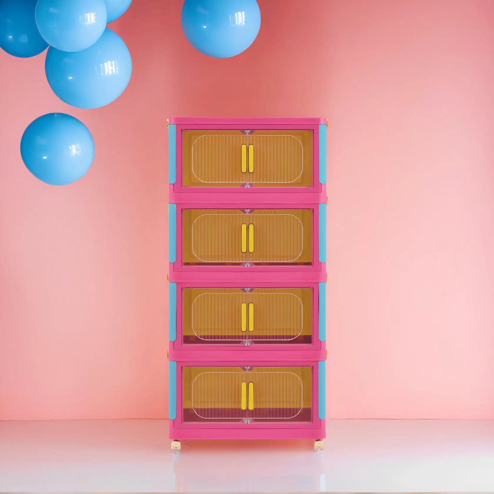 Pink stackable storage bins with wheels. Foldable PP plastic organizers with magnetic locks for dopamine decor