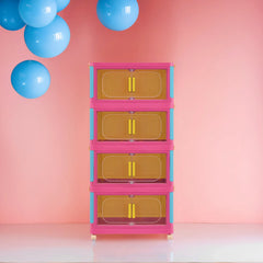 Pink stackable storage bins with wheels. Foldable PP plastic organizers with magnetic locks for dopamine decor