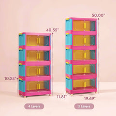 Pink stackable storage bins with wheels. Foldable PP plastic organizers with magnetic locks for dopamine decor