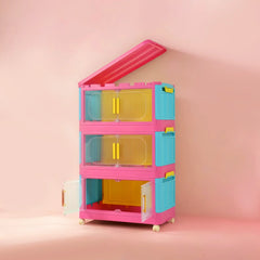 Pink stackable storage bins with wheels. Foldable PP plastic organizers with magnetic locks for dopamine decor
