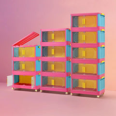 Pink stackable storage bins with wheels. Foldable PP plastic organizers with magnetic locks for dopamine decor