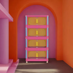 Pink stackable storage bins with wheels. Foldable PP plastic organizers with magnetic locks for dopamine decor
