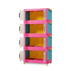 Pink stackable storage bins with wheels. Foldable PP plastic organizers with magnetic locks for dopamine decor