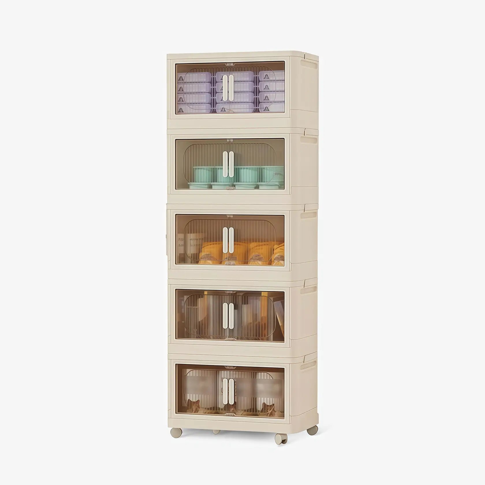 5 Tiers White Stackable Storage Bins with wheels and translucent doors, foldable PP plastic design for storage organization