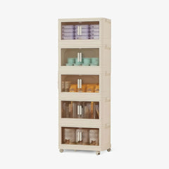 5 Tiers White Stackable Storage Bins with wheels and translucent doors, foldable PP plastic design for storage organization
