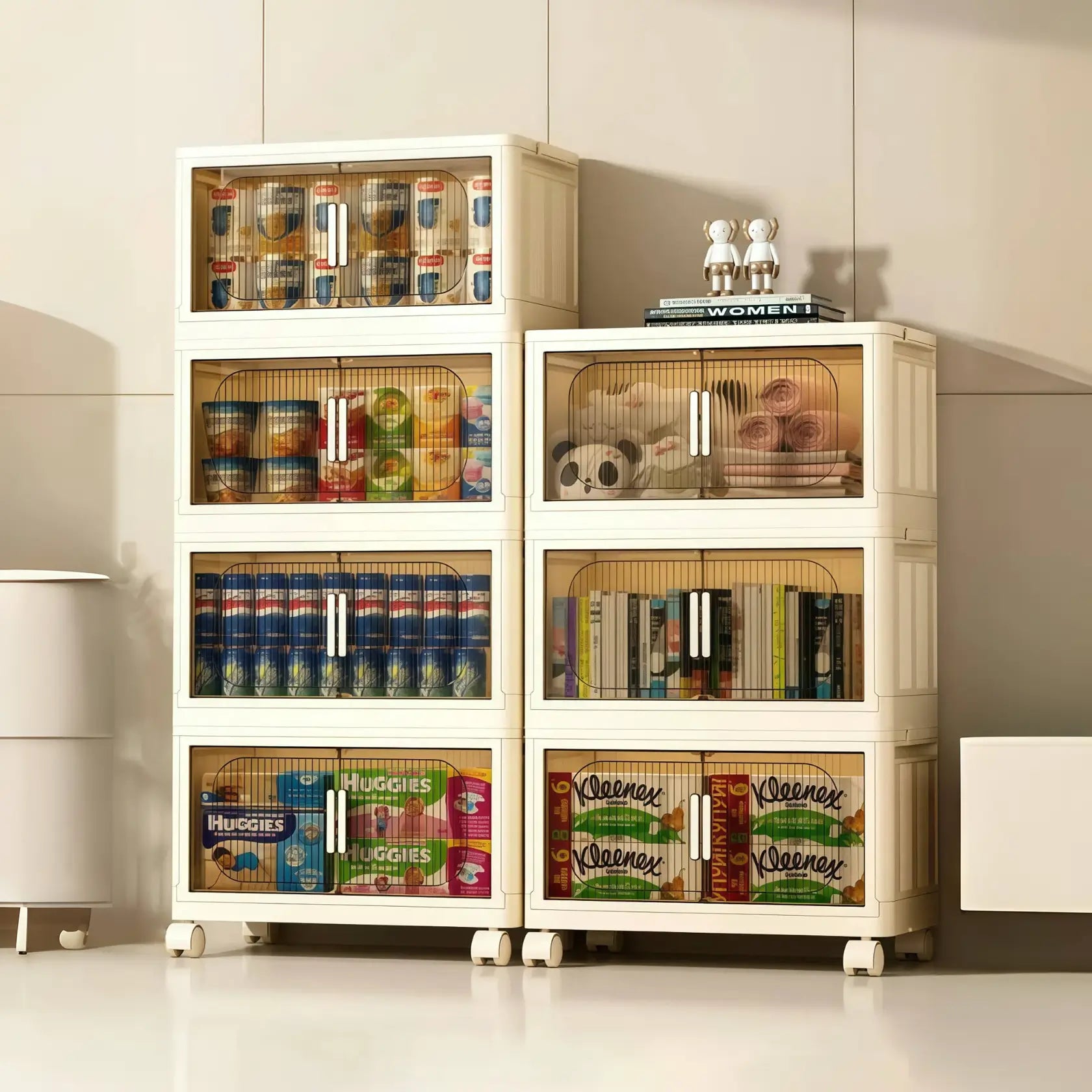 White Stackable Storage Bins with wheels and translucent doors, foldable PP plastic design for storage organization