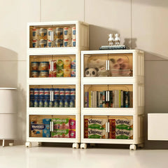 White Stackable Storage Bins with wheels and translucent doors, foldable PP plastic design for storage organization