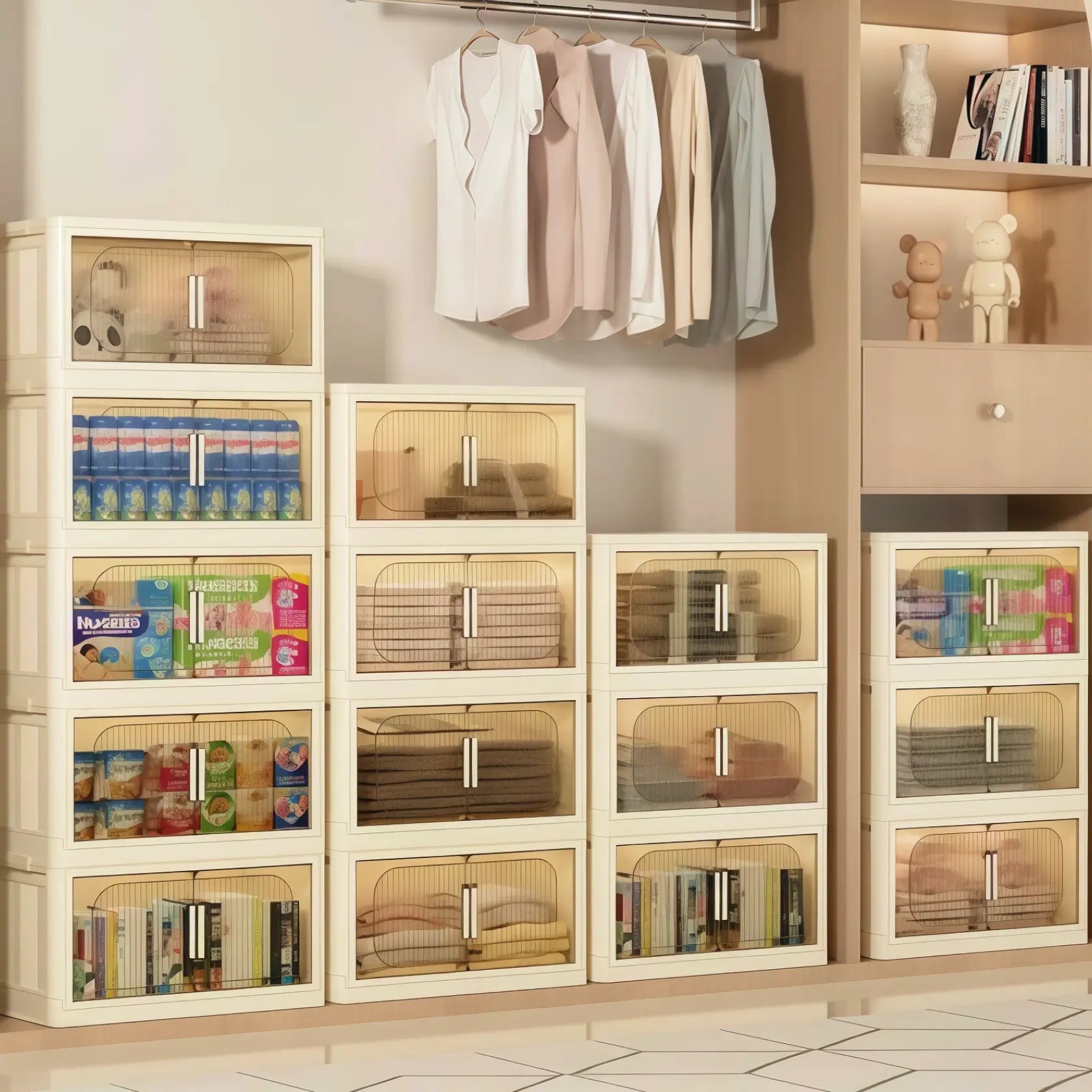 White Stackable Storage Bins with wheels and translucent doors, foldable PP plastic design for storage organization