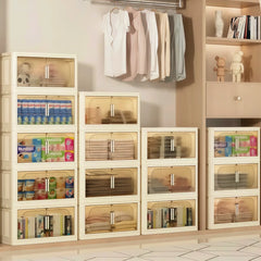 White Stackable Storage Bins with wheels and translucent doors, foldable PP plastic design for storage organization