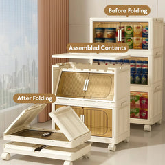 White Stackable Storage Bins with wheels and translucent doors, foldable PP plastic design for storage organization