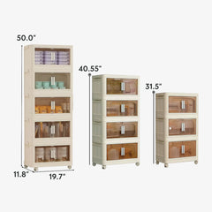 White Stackable Storage Bins with wheels and translucent doors, foldable PP plastic design for storage organization