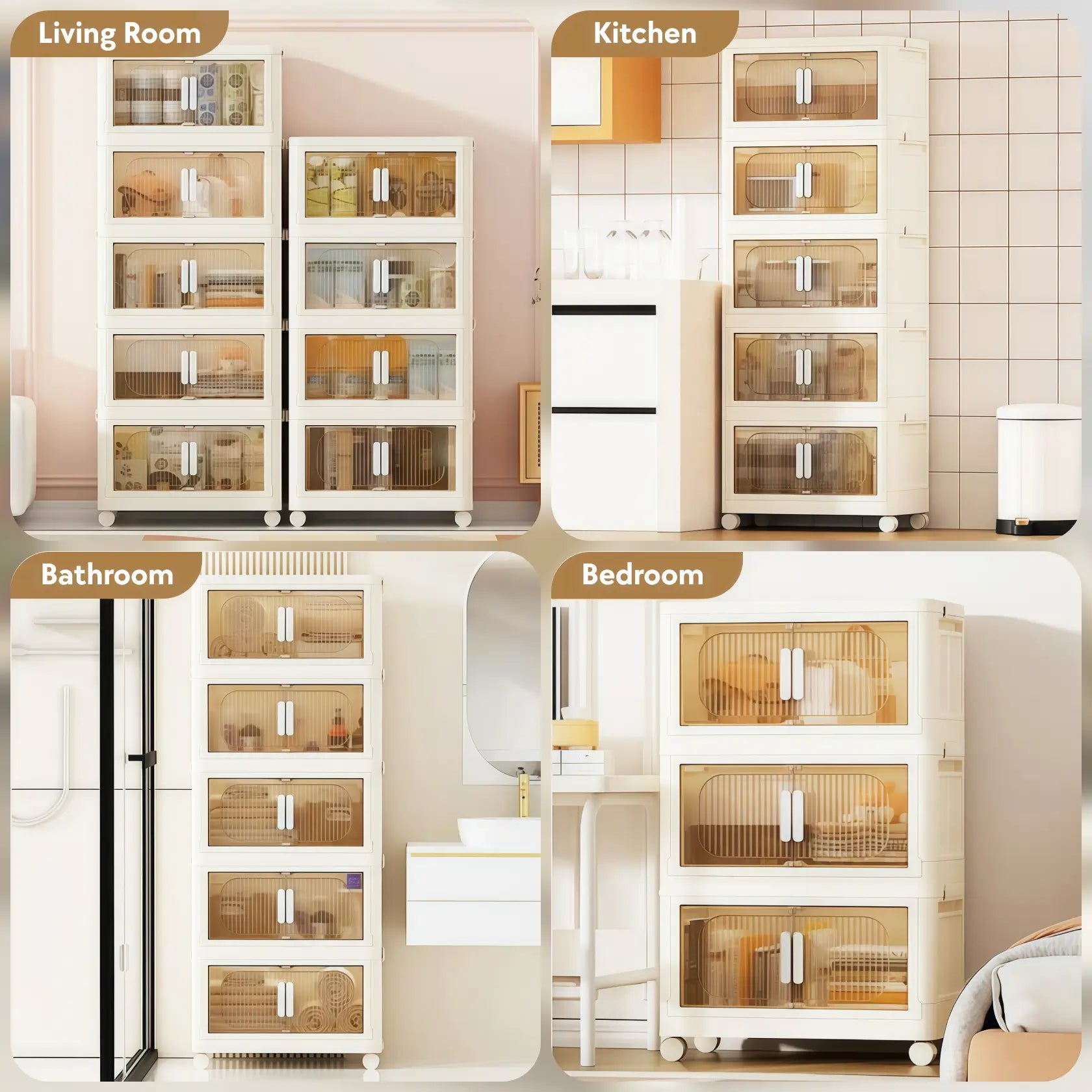White Stackable Storage Bins with wheels and translucent doors, foldable PP plastic design for storage organization