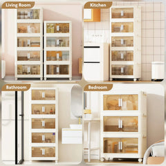 White Stackable Storage Bins with wheels and translucent doors, foldable PP plastic design for storage organization
