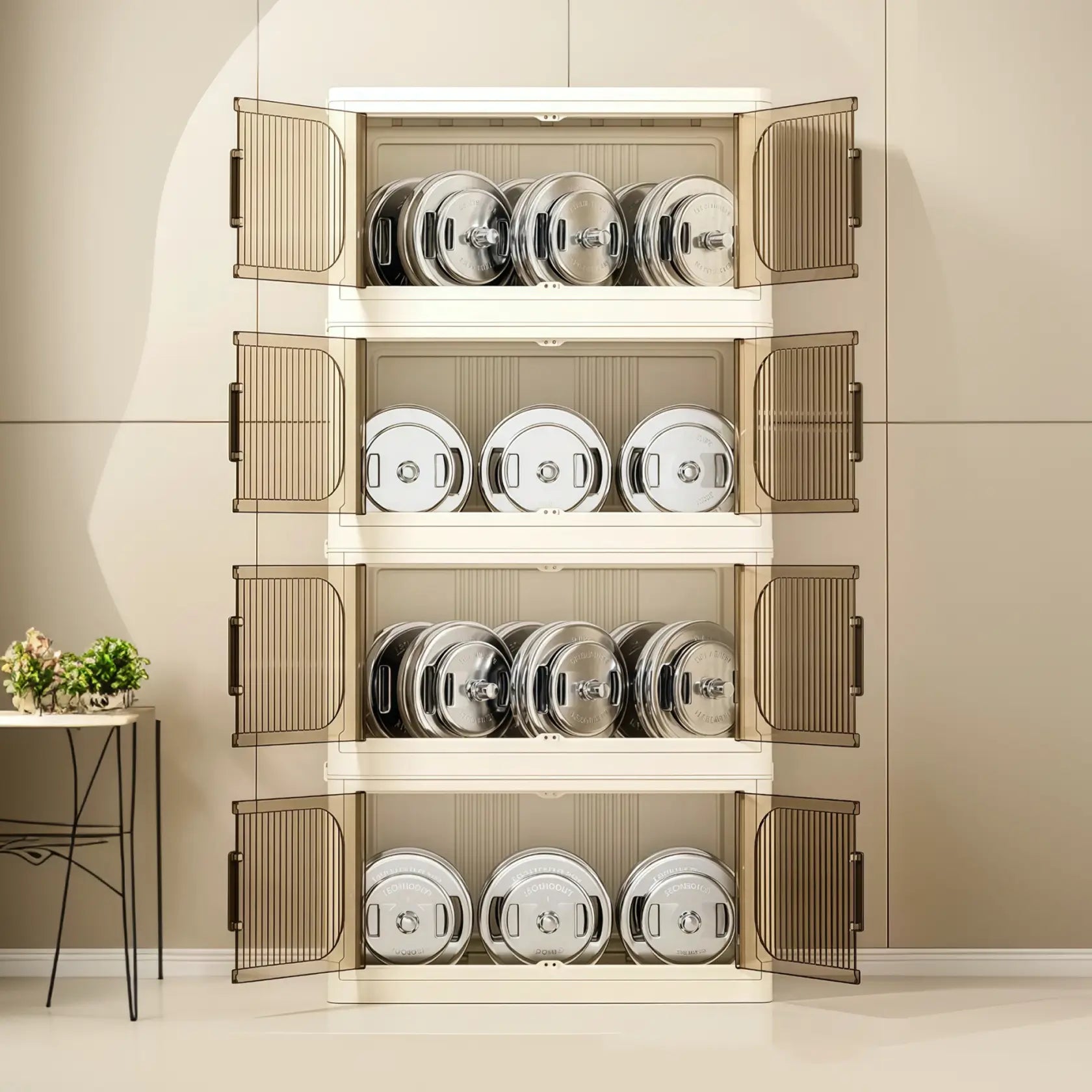 White Stackable Storage Bins with wheels and translucent doors, foldable PP plastic design for storage organization