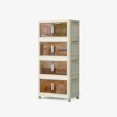 4 Tiers White Stackable Storage Bins with wheels and translucent doors, foldable PP plastic design for storage organization