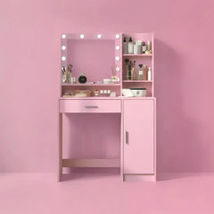 Pink Dressing Table with Adjustable LED Mirror Lights, Spacious Drawers & Sturdy Particle Board Design