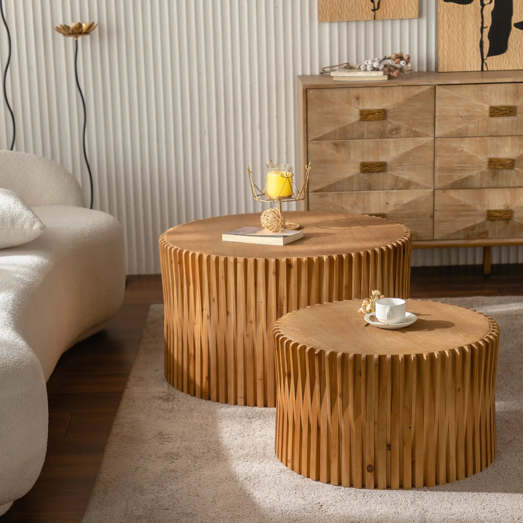 Natural Vintage round wood coffee table set of 2 with nesting design, 110-lb capacity, natural grain & knots.