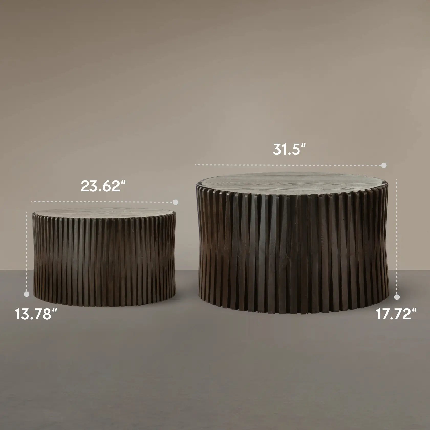 Dark brown Vintage round wood coffee table set of 2 with nesting design, 110-lb capacity, natural grain & knots.
