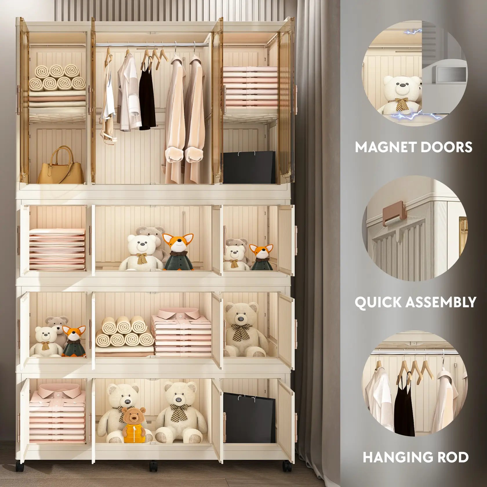 White wardrobe closet organizer with wheels, large storage cubes, magnetic doors, and mobile space-saving design